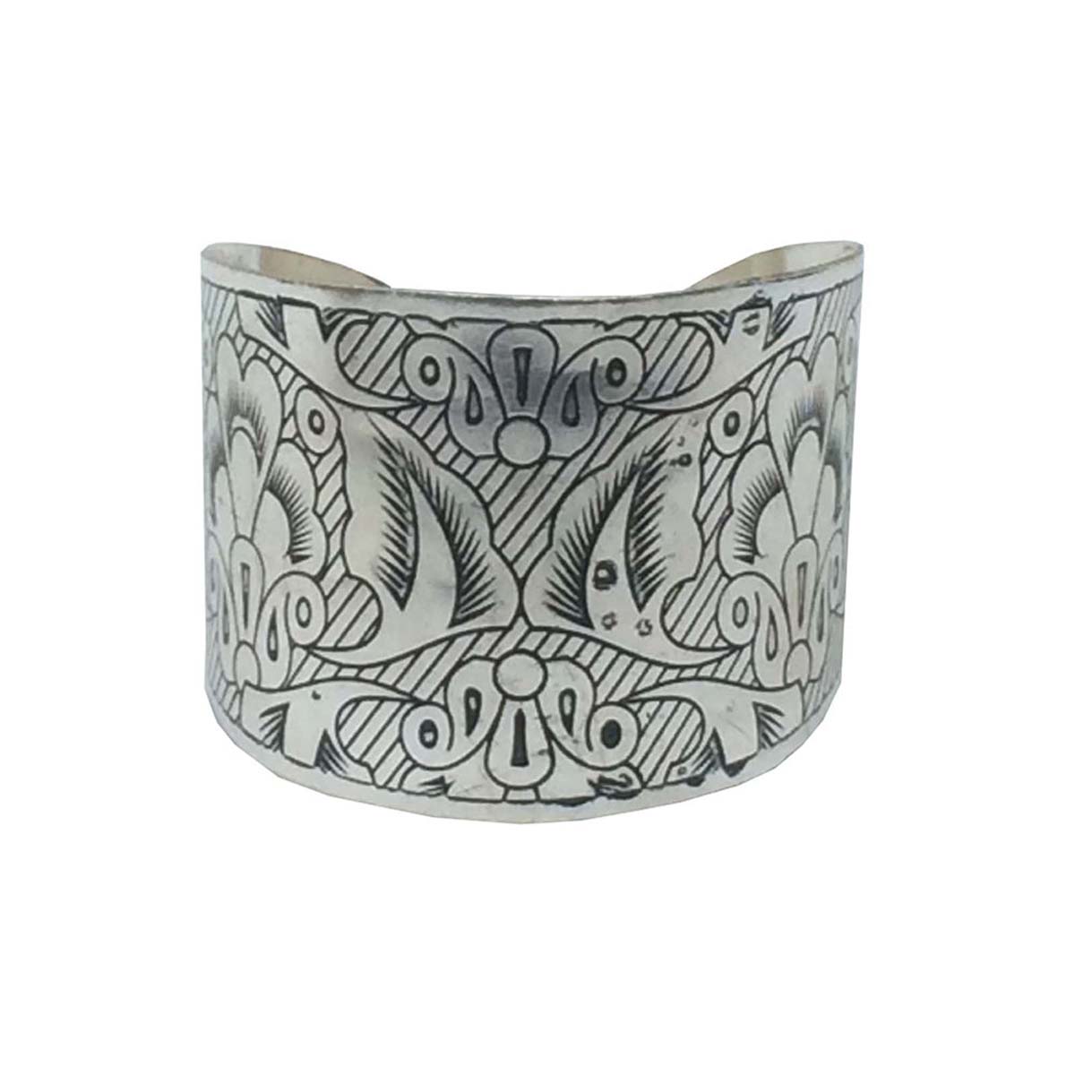 Wholesale Cuff Bracelets – Cast in Brass – Open-End Design – Engraved Floral Motifs – Black & Silver Color Finish – Wrist Jewelry 